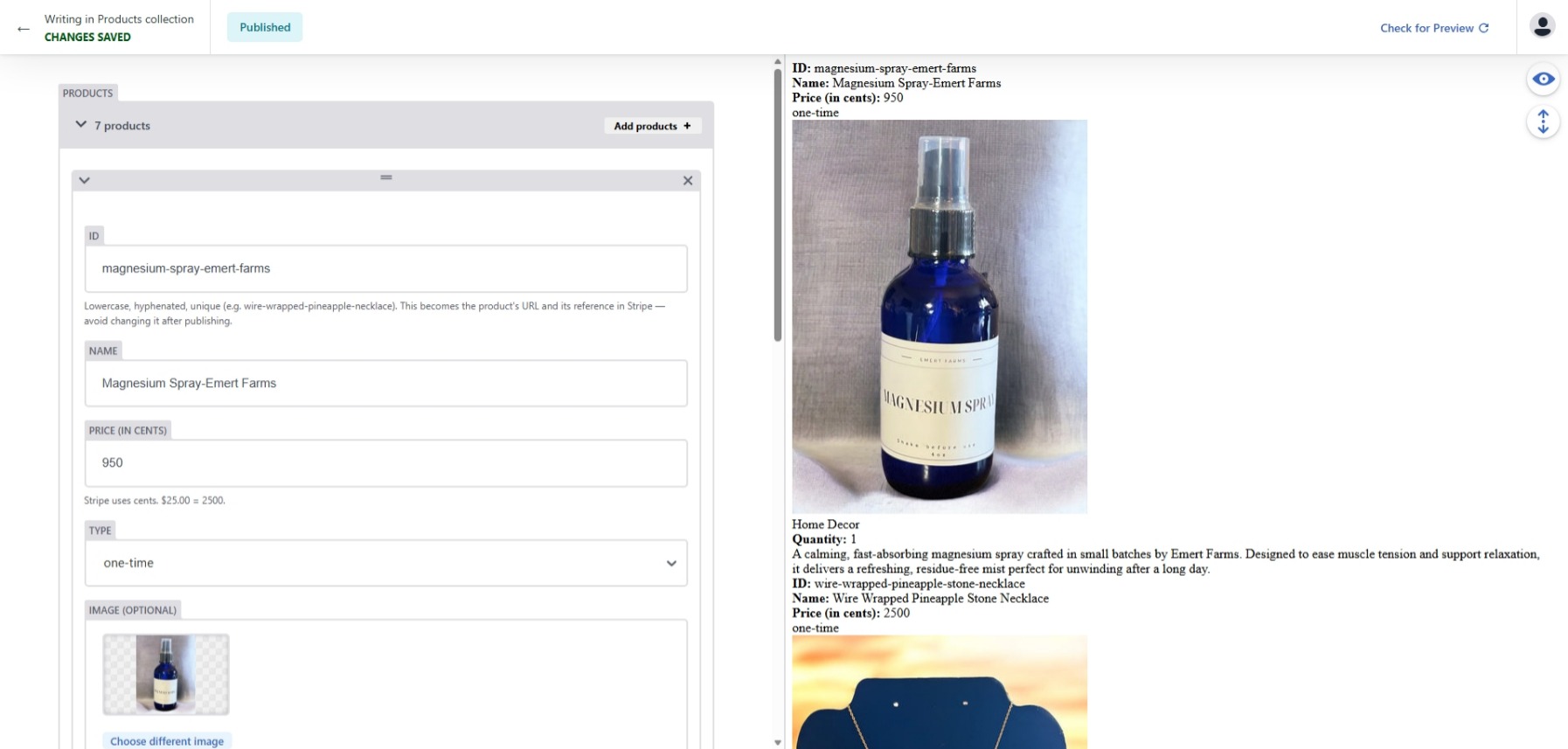 An example of editing a product in the CMS, showing the product's details and options.