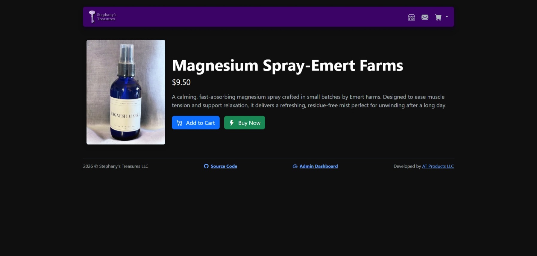 An example of a product that was edited in the CMS, showing the product's details and options on the site.